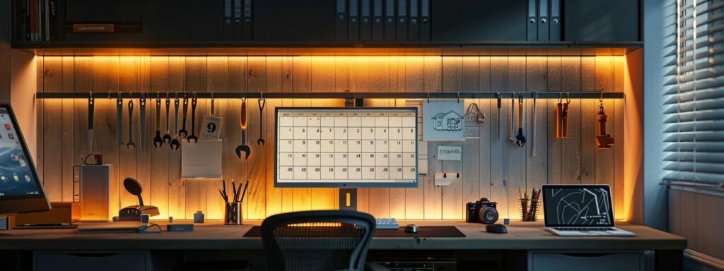 a sleek, modern home office features a prominently displayed calendar marked with home maintenance reminders, complemented by a dramatic backdrop of tools and a digital tablet showcasing a maintenance plan, all illuminated by warm, focused lighting that highlights the importance of proactive upkeep.